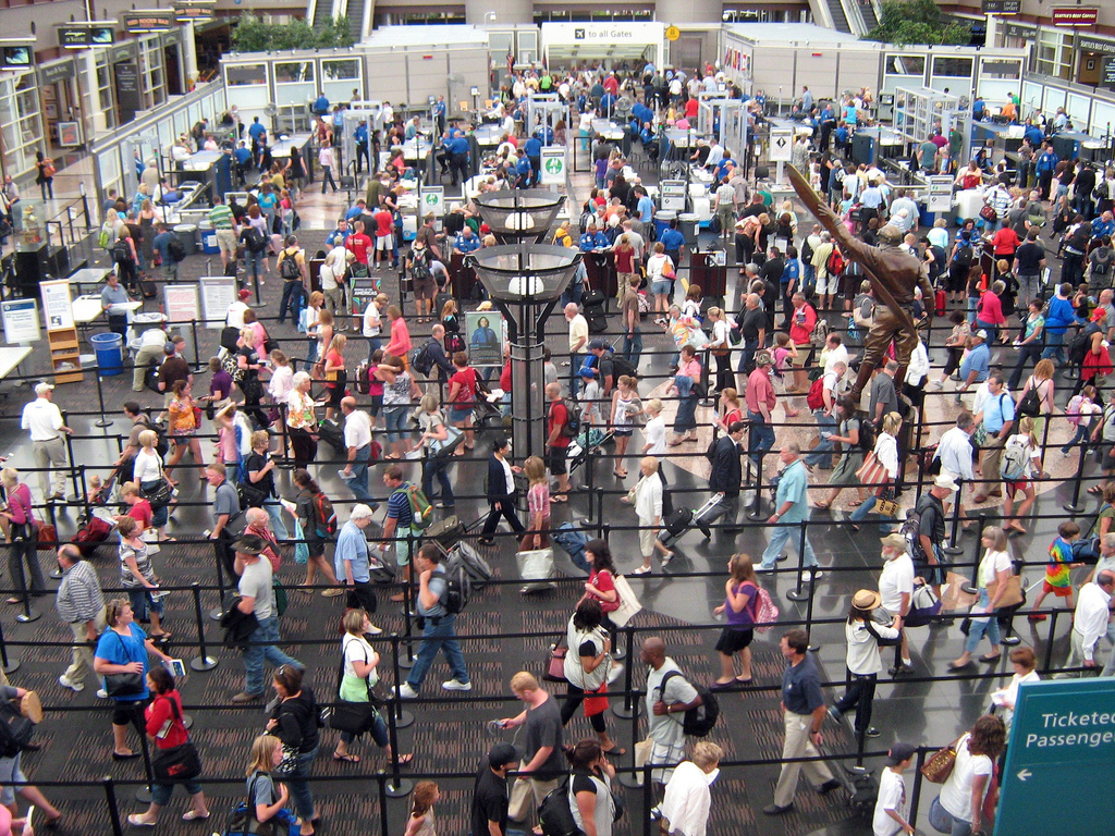 DIA-security line of people for the security checkpoint at Denver International Airport.