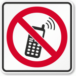 A red and black sign of a crossed out cell phone.